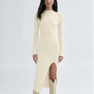 aritzia wilfred midi turtleneck white bodycon dress with leg slit